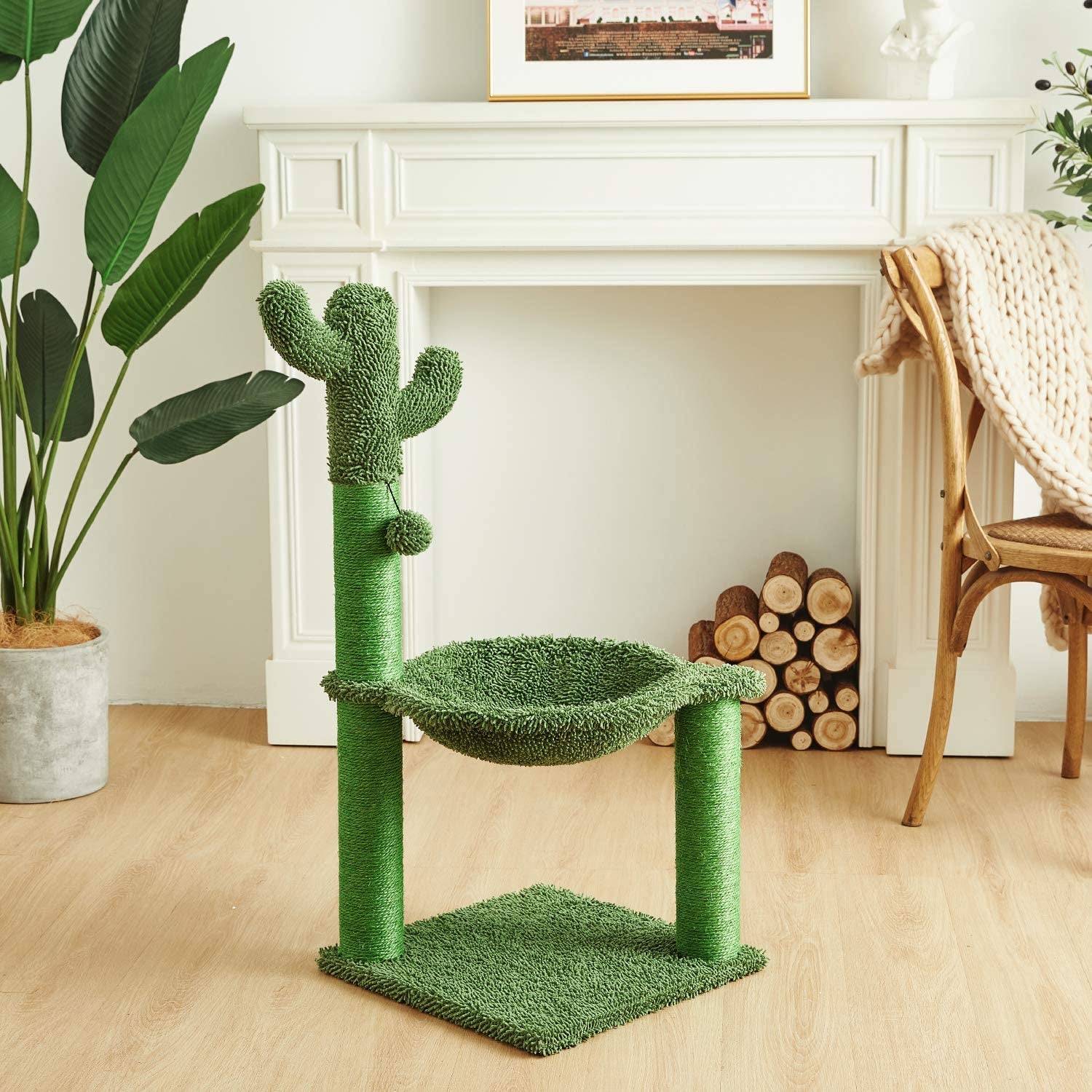 35In Green Cactus Cat Tree with Hammock and Scratching Post