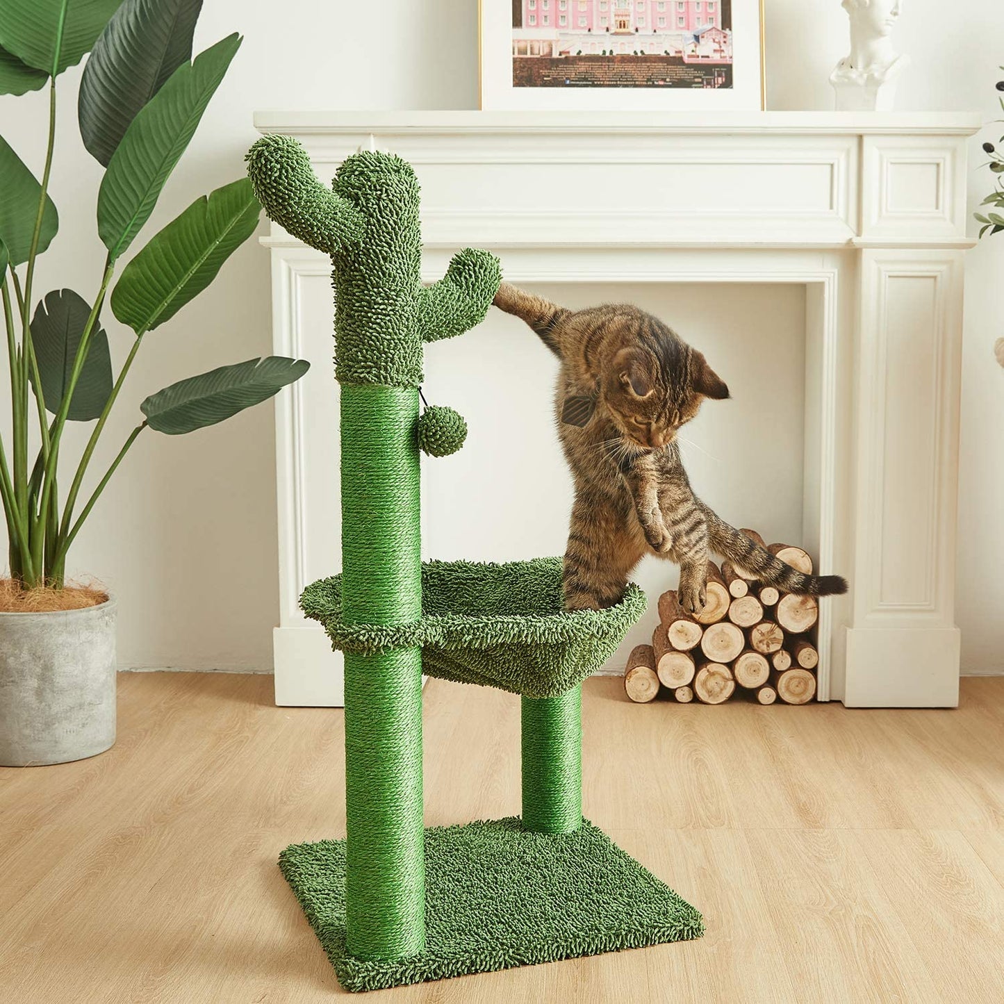 35In Green Cactus Cat Tree with Hammock and Scratching Post