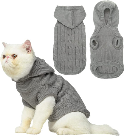 Grey Hooded Knitted Outdoor Cat Sweater 