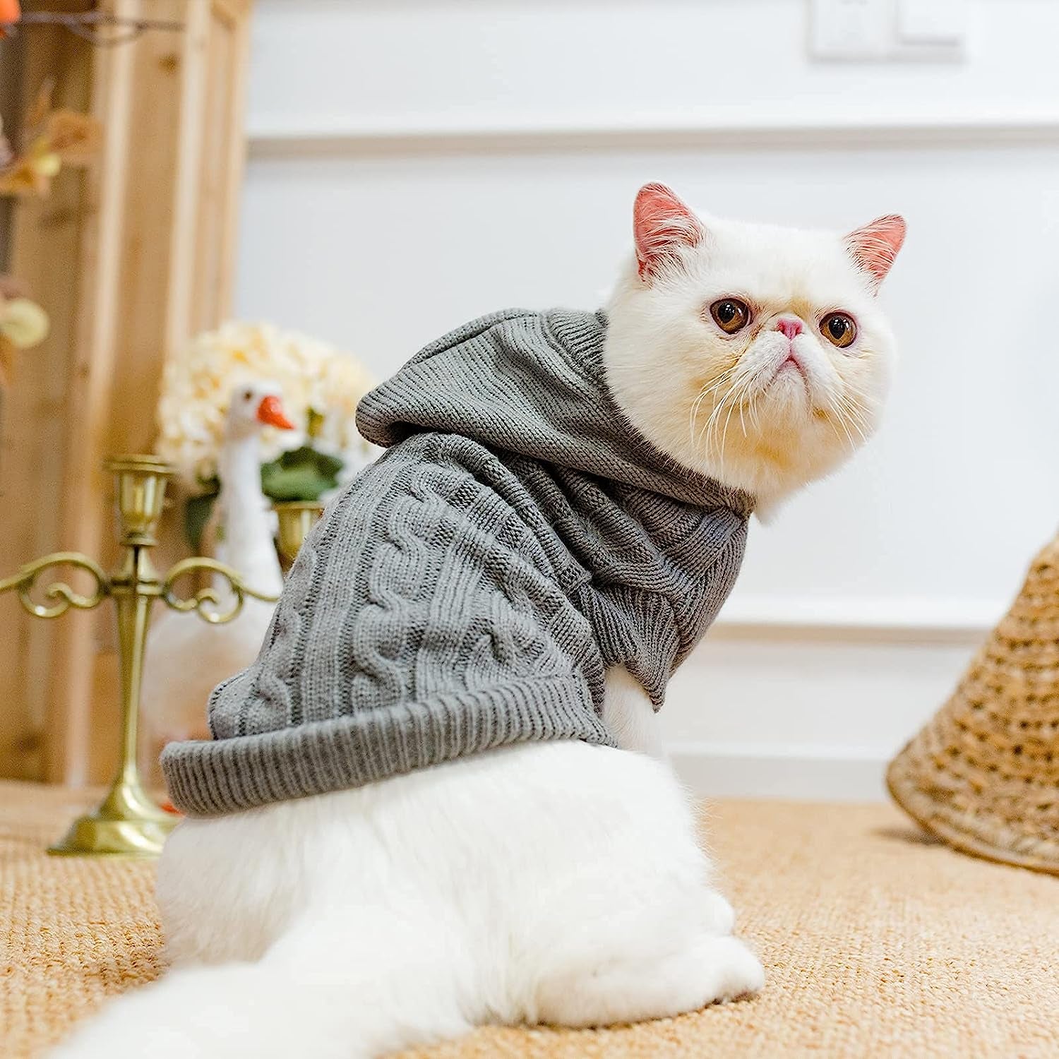 Grey Hooded Knitted Outdoor Cat Sweater 