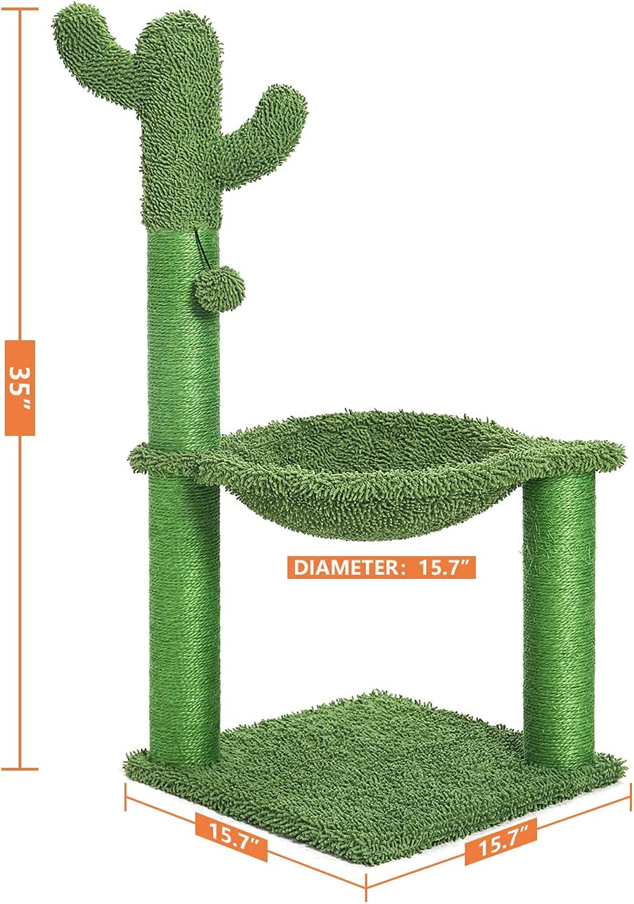 35In Green Cactus Cat Tree with Hammock and Scratching Post